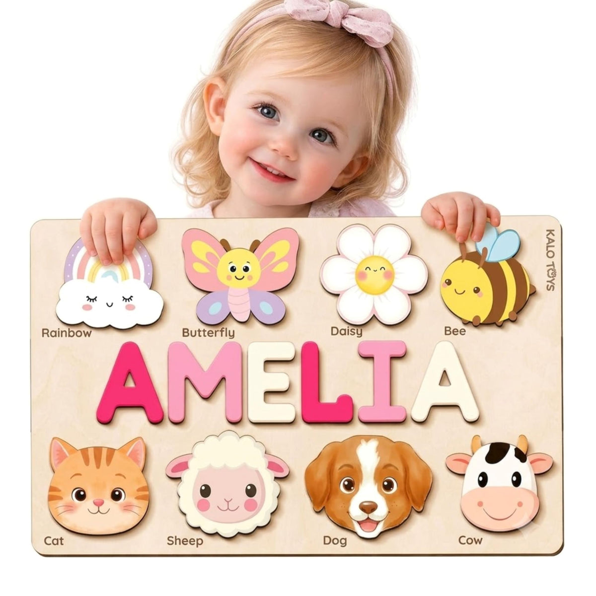 KALOTOYS Personalized Name Puzzle for Toddlers 1-3 | Custom Wooden Animal & Vehicle Puzzle for Boys & Girls | Handmade Montessori Toy, Keepsake & Perfect 1st Birthday Gift, CPC Certified