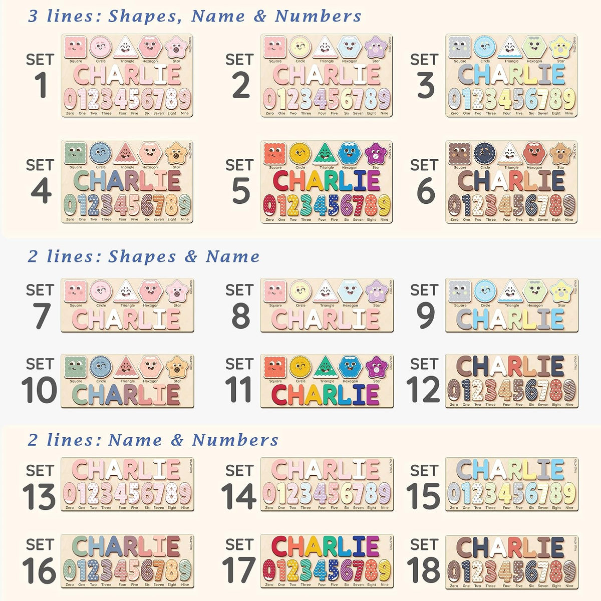 Personalized Name Puzzle for Toddlers 1-3 with Shapes & Numbers 0-9, Custom Wooden 3-in-1 Baby Name Puzzle for Boys and Girls, 1st Birthday, Montessori Learning Toy, CPC Certified
