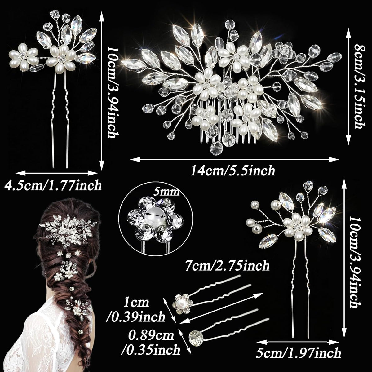 13PCS Bridal Hair Pins Comb Silver Pearl Rhinestone Wedding Women Hairpiece