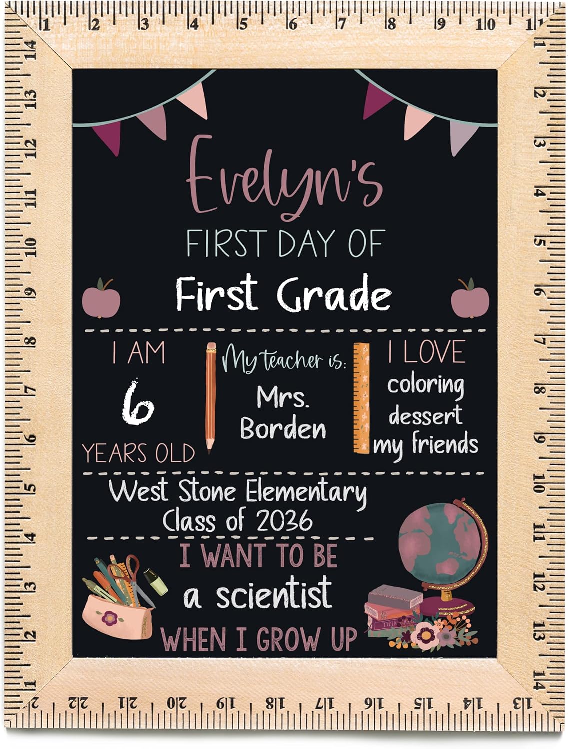 Bloom Owl First Day of School Chalkboard Sign - 11.5"x15" Reusable Back to School Photo Prop with Wooden Ruler Frame for Preschool, Kindergarten, and Beyond (Green Crayon)