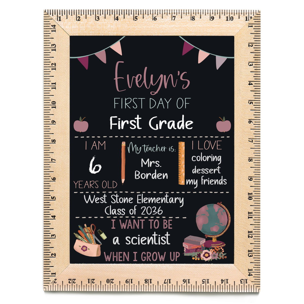 Bloom Owl First Day of School Chalkboard Sign - 11.5"x15" Reusable Back to School Photo Prop with Wooden Ruler Frame for Preschool, Kindergarten, and Beyond (Green Crayon)