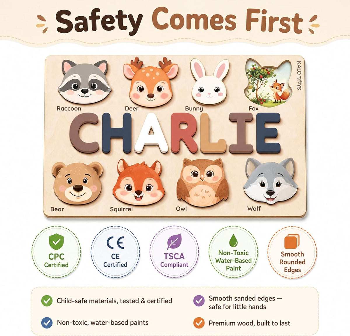 KALOTOYS Personalized Name Puzzle for Toddlers 1-3 | Custom Wooden Animal & Vehicle Puzzle for Boys & Girls | Handmade Montessori Toy, Keepsake & Perfect 1st Birthday Gift, CPC Certified
