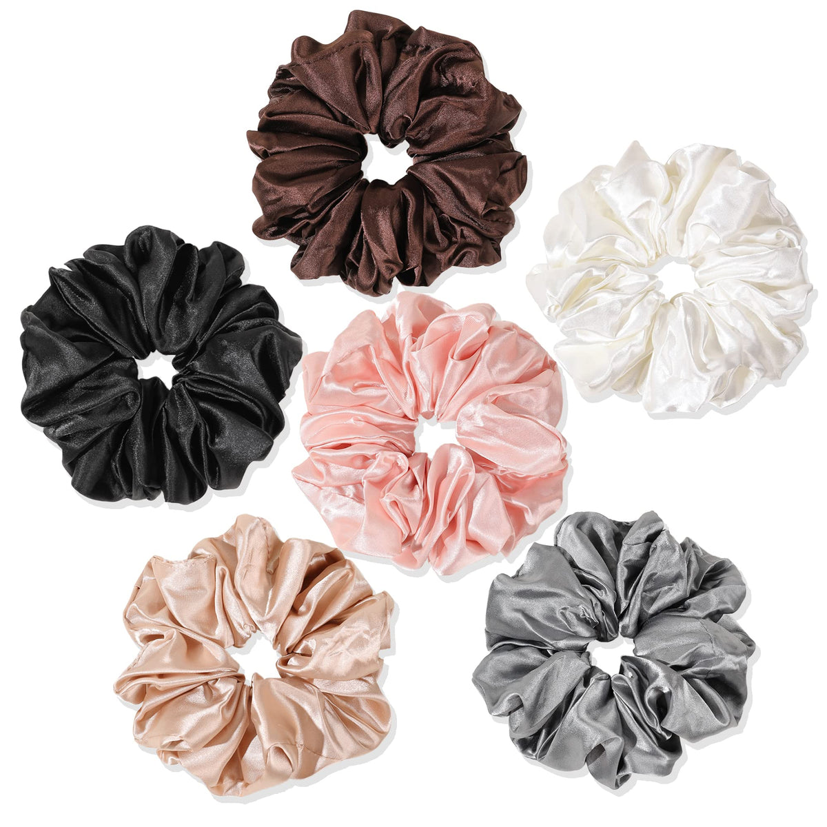 Ivyu Scrunchies Hair Ties, Big Large Scrunchie for Girls Women, Cute Hairties Jumbo Scrunchy For Thick Curl Hair No Crease Hair Accessories Soft Ropes Ponytail Holder, 4 Count, Black, Brown, Beige