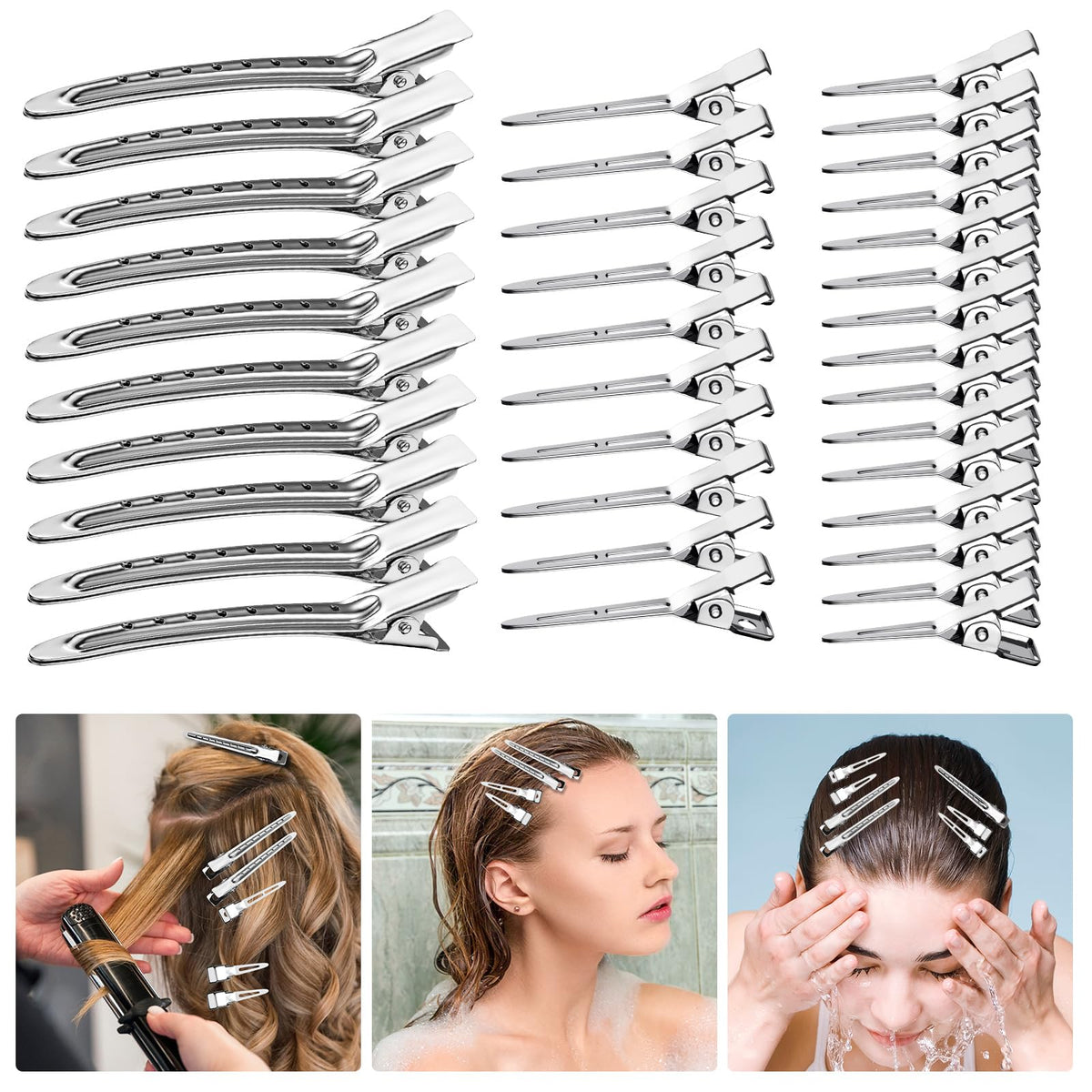 30PCS Metal Alligator Hair Clips, Duck Billed Salon Styling Clips with Holes, Heavy Duty Silver Hair Pins for Women, DIY Bows & Home Use (30 Mixed Sizes)