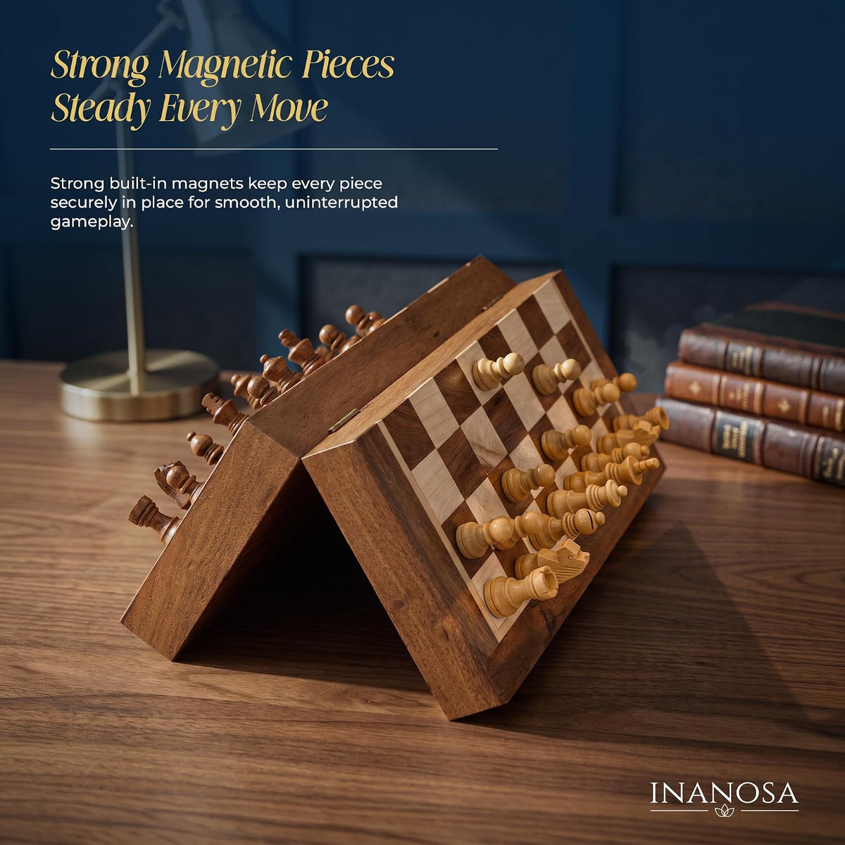 Magnetic Wooden Chess Set — 7 Inch Travel Folding Chess Board with Staunton Pieces & 2 Extra Queens — Handcrafted Acacia Wood — Travel Edition