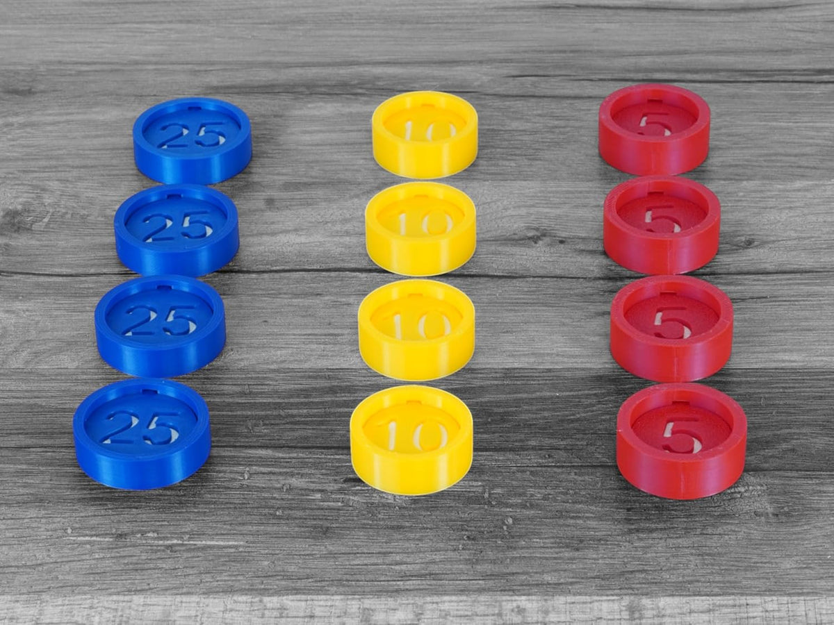 Cash Register Replacement Coins – Made with Eco Friendly Plastic, in The USA – Compatible with Fisher Price Register (Vintage Sets : Red#5|Yellow#10|Blue#25)