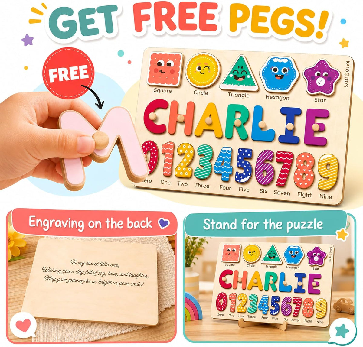 Personalized Name Puzzle for Toddlers 1-3 with Shapes & Numbers 0-9, Custom Wooden 3-in-1 Baby Name Puzzle for Boys and Girls, 1st Birthday, Montessori Learning Toy, CPC Certified