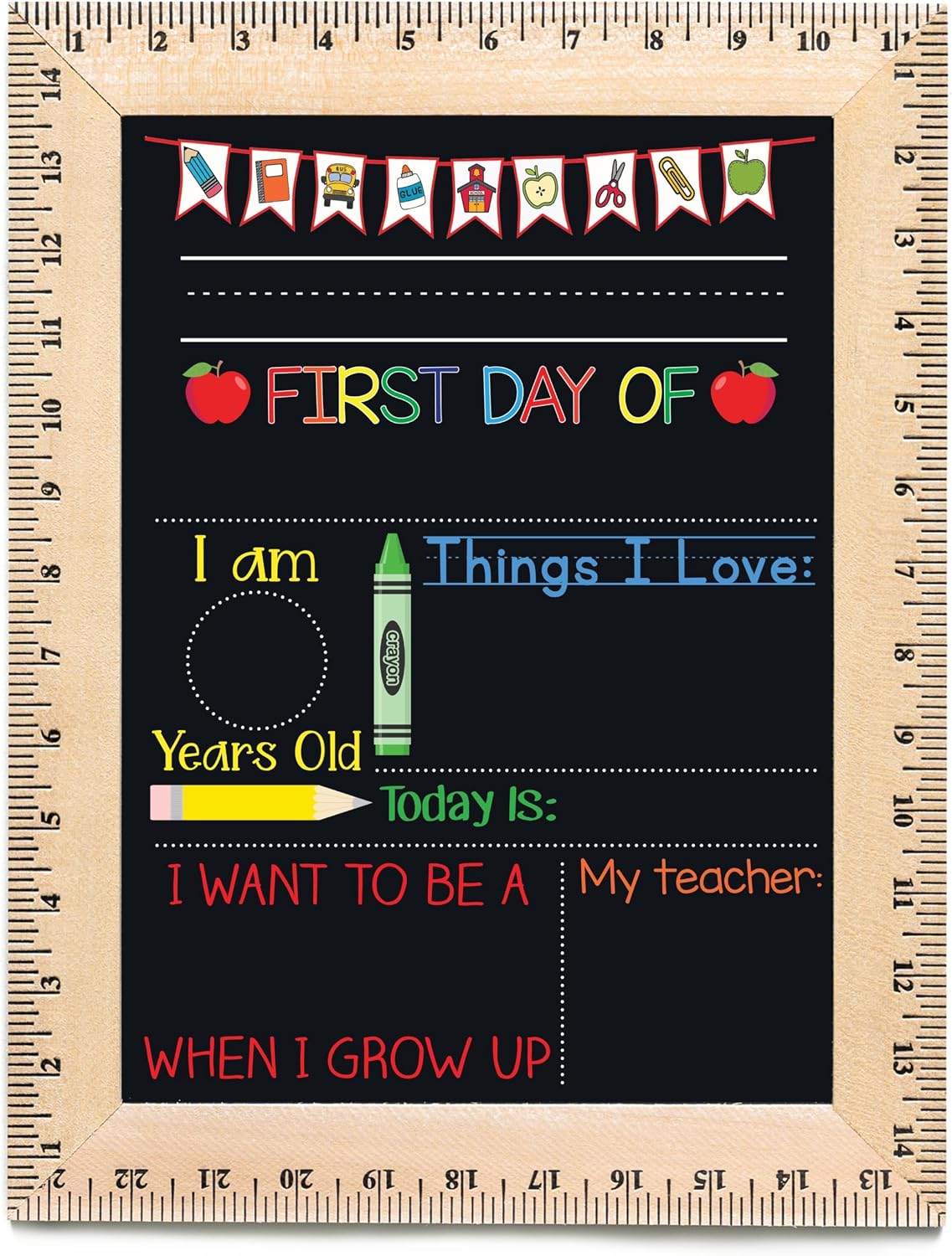 Bloom Owl First Day of School Chalkboard Sign - 11.5"x15" Reusable Back to School Photo Prop with Wooden Ruler Frame for Preschool, Kindergarten, and Beyond (Green Crayon)