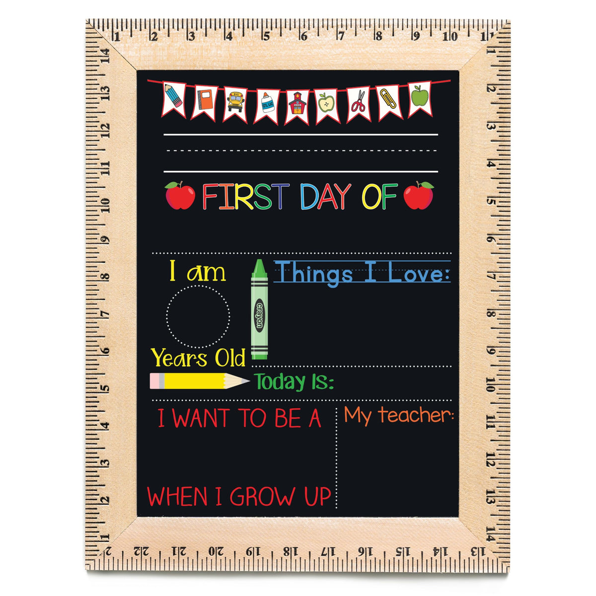 Bloom Owl First Day of School Chalkboard Sign - 11.5"x15" Reusable Back to School Photo Prop with Wooden Ruler Frame for Preschool, Kindergarten, and Beyond (Green Crayon)