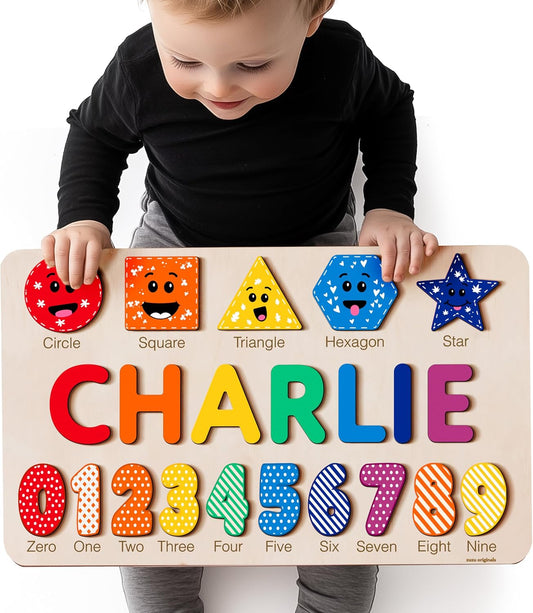 Zuzu Wooden Personalized Puzzle with Name, Numbers, Shapes | First Birthday Gift | Heirloom Keepsake | Educational and Fun Toy for Toddlers