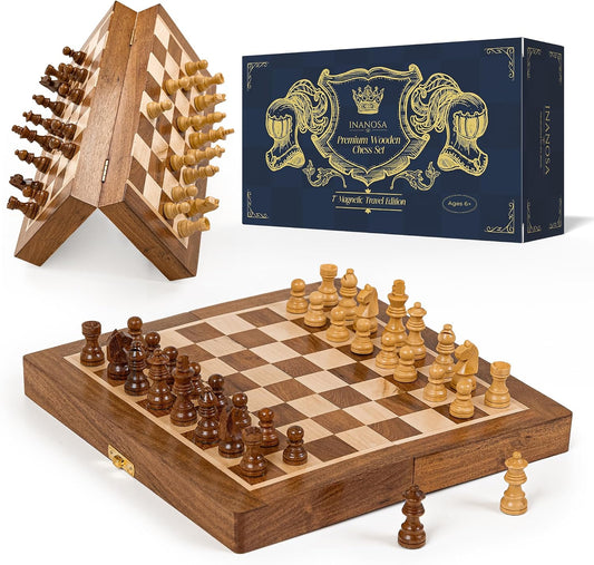 Magnetic Wooden Chess Set — 7 Inch Travel Folding Chess Board with Staunton Pieces & 2 Extra Queens — Handcrafted Acacia Wood — Travel Edition