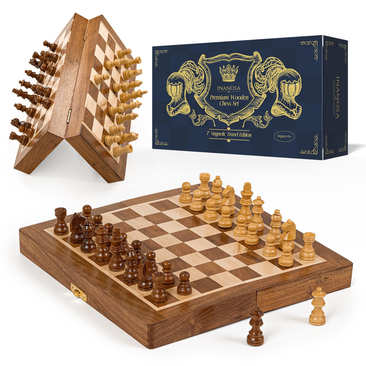 Magnetic Wooden Chess Set — 7 Inch Travel Folding Chess Board with Staunton Pieces & 2 Extra Queens — Handcrafted Acacia Wood — Travel Edition