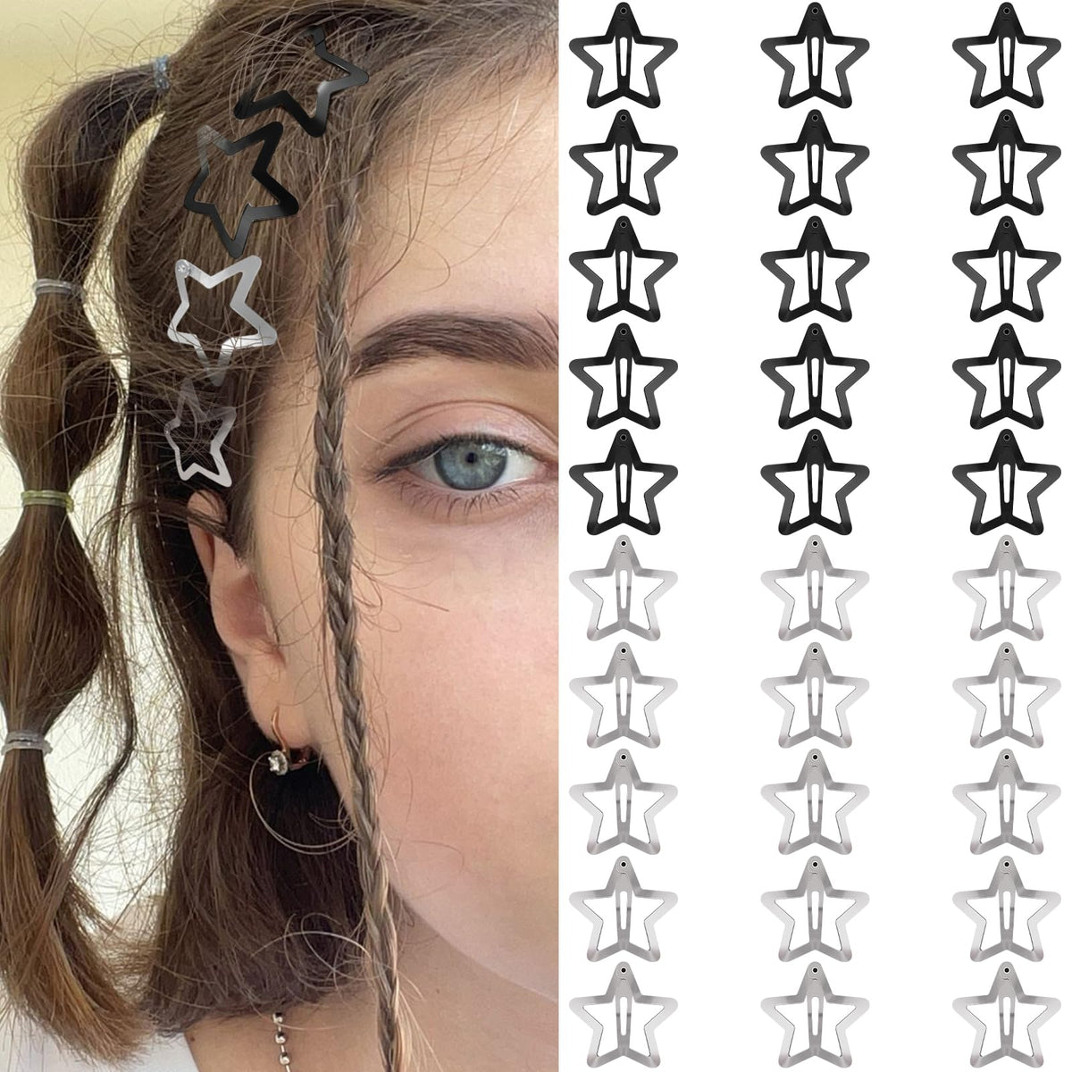 Star Hair Clips 2000s Y2K Snap Hair Barrettes Non Slip Star Hair Accessories Silver Metal Hair Clips for Girls Women -15 PCS 1.57"