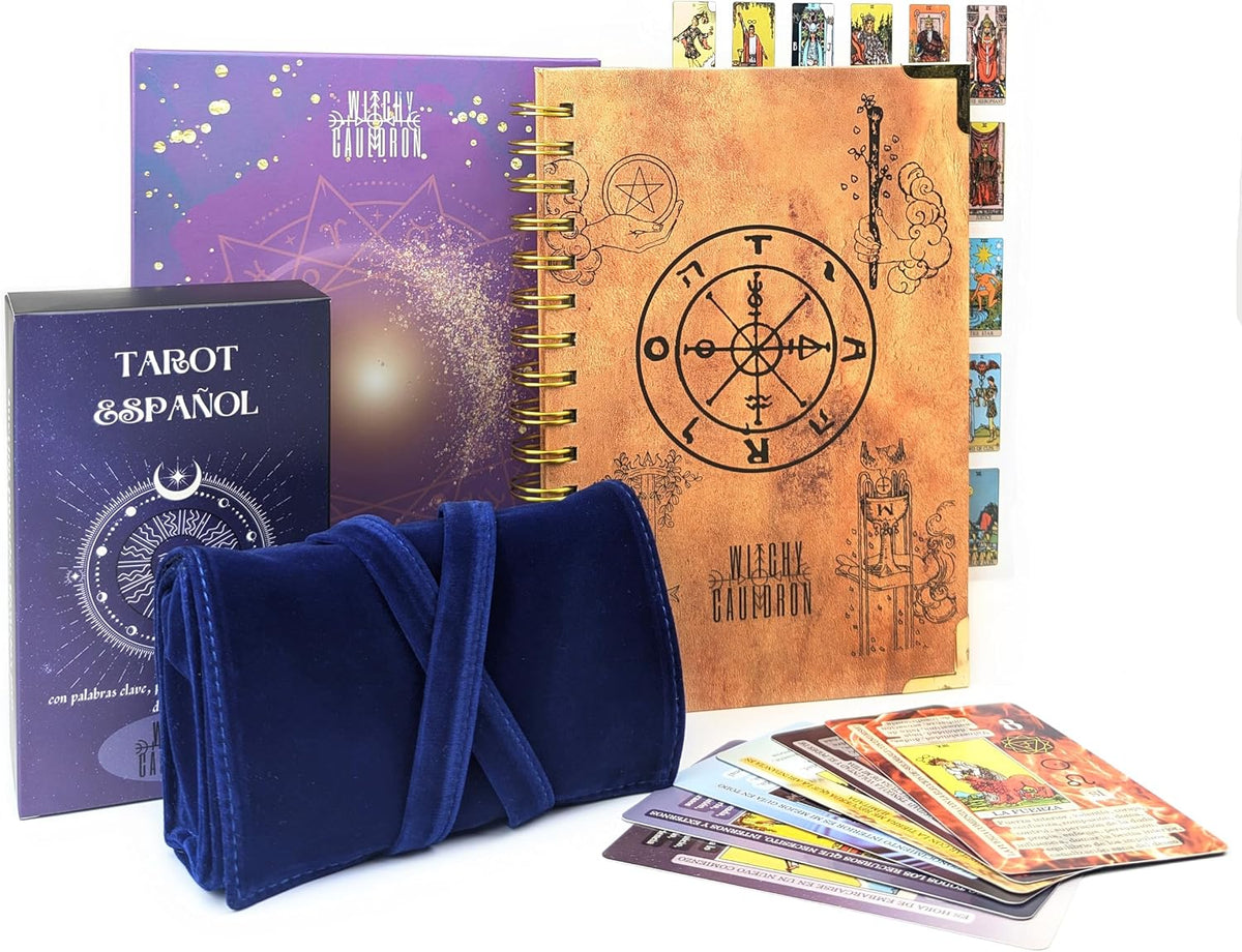 Witchy Cauldron Tarot Learning Kit in Spanish – Cartas de Tarot para Principiantes – Includes Spanish Deck, Journal, Wrap, Stickers – Ideal for Beginners and Enthusiasts (Azul)