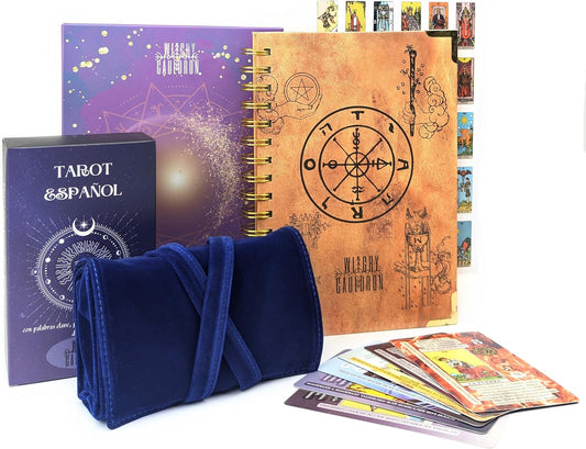 Witchy Cauldron Tarot Learning Kit in Spanish – Cartas de Tarot para Principiantes – Includes Spanish Deck, Journal, Wrap, Stickers – Ideal for Beginners and Enthusiasts (Azul)