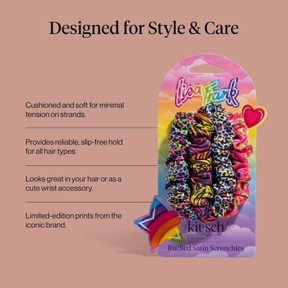 Lisa Frank x Kitsch Ruched Satin Scrunchies for Women- Rainbow Leopard 4pcs