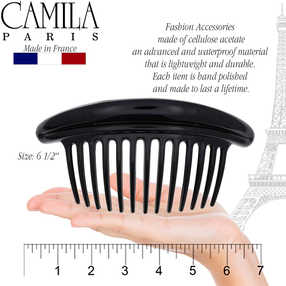 Camila Paris MP978/2 French Hair Side Combs, Black Curved Interlocking Combs French Twist Hair Combs, Strong Hold Hair Clips for Women Bun Chignon, Up-Do Styling Girls Hair Accessories Made in France