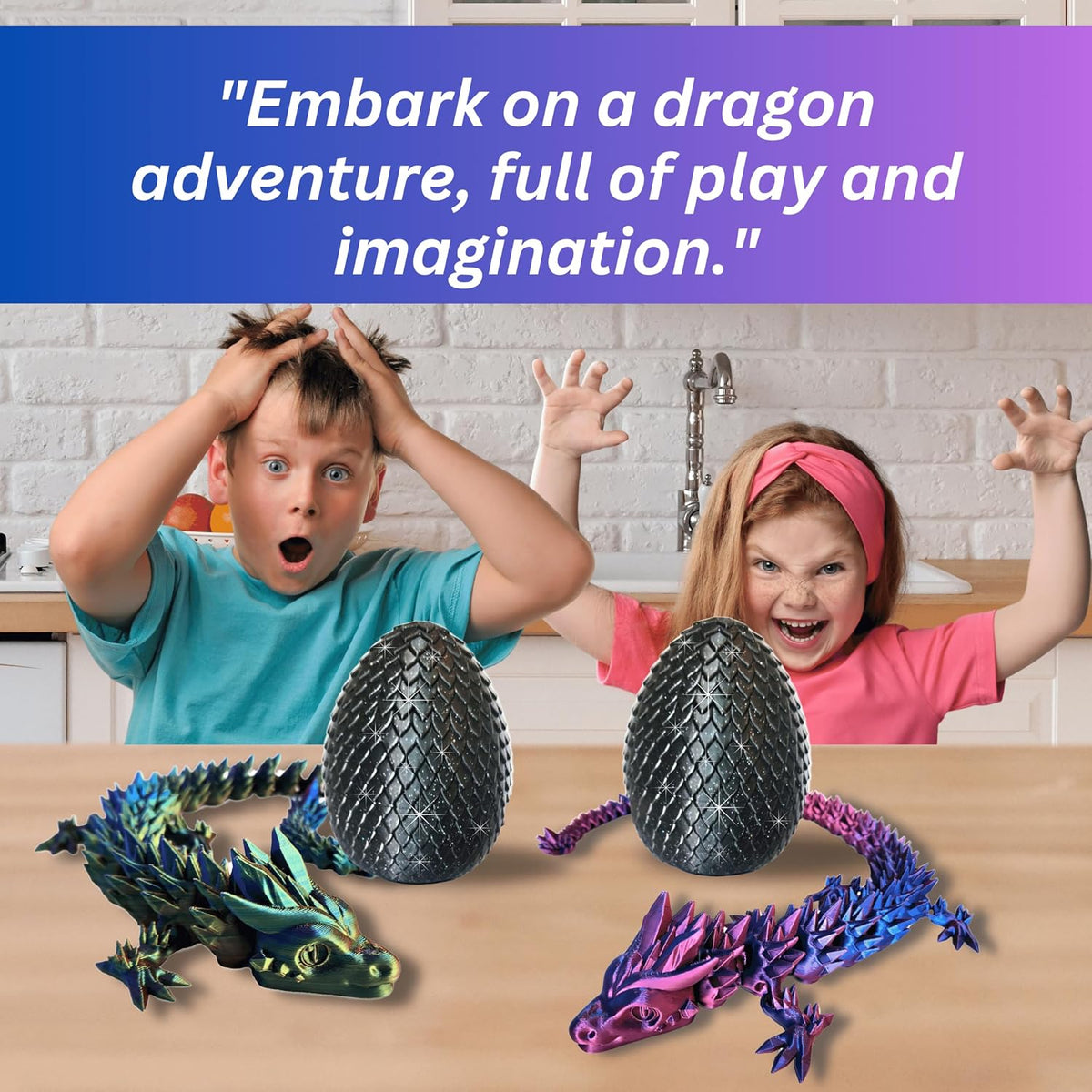 20" Articulated 3D Printed Dragon with Surprise Egg – Flexible Fidget Toy for Kids & Teens, Dragon Egg, Mythical Figurine (Rainbow with Black Egg)