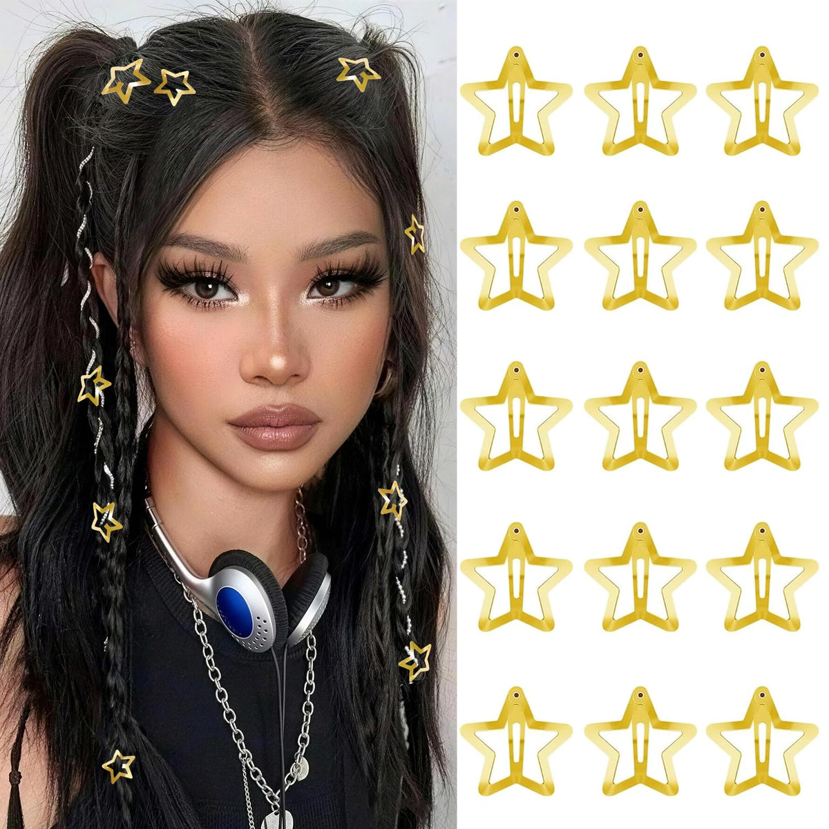 Star Hair Clips 2000s Y2K Snap Hair Barrettes Non Slip Star Hair Accessories Silver Metal Hair Clips for Girls Women -15 PCS 1.57"