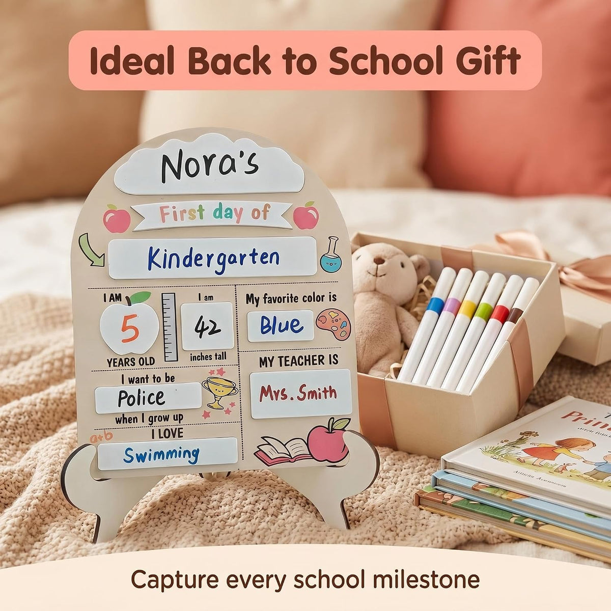 First Day of School Sign with Marker - Reusable Back to School Board, My First & Last Day of School Chalkboard for Preschool Pre-K Kindergarten, Easy to Write & Clean Wooden Photo Prop (Fist and Last)