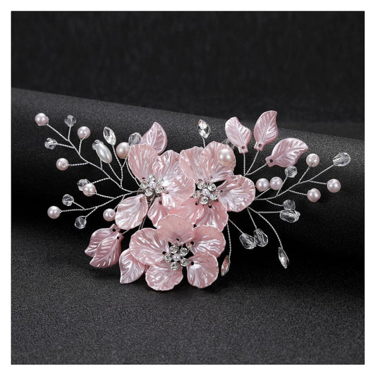 Bride Pearl Flower Hair Comb for Women and Girls, Wedding Floral Rhinestone Bridal Hair Piece Side Combs Hair Accessories for Wedding Party Daily (Pink)