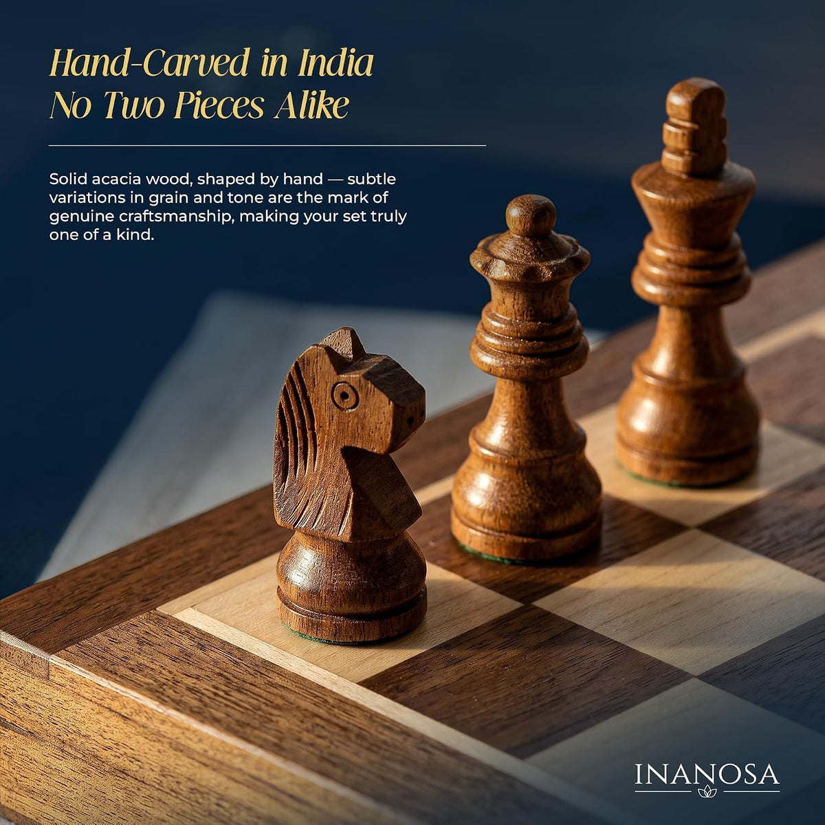 Magnetic Wooden Chess Set — 7 Inch Travel Folding Chess Board with Staunton Pieces & 2 Extra Queens — Handcrafted Acacia Wood — Travel Edition