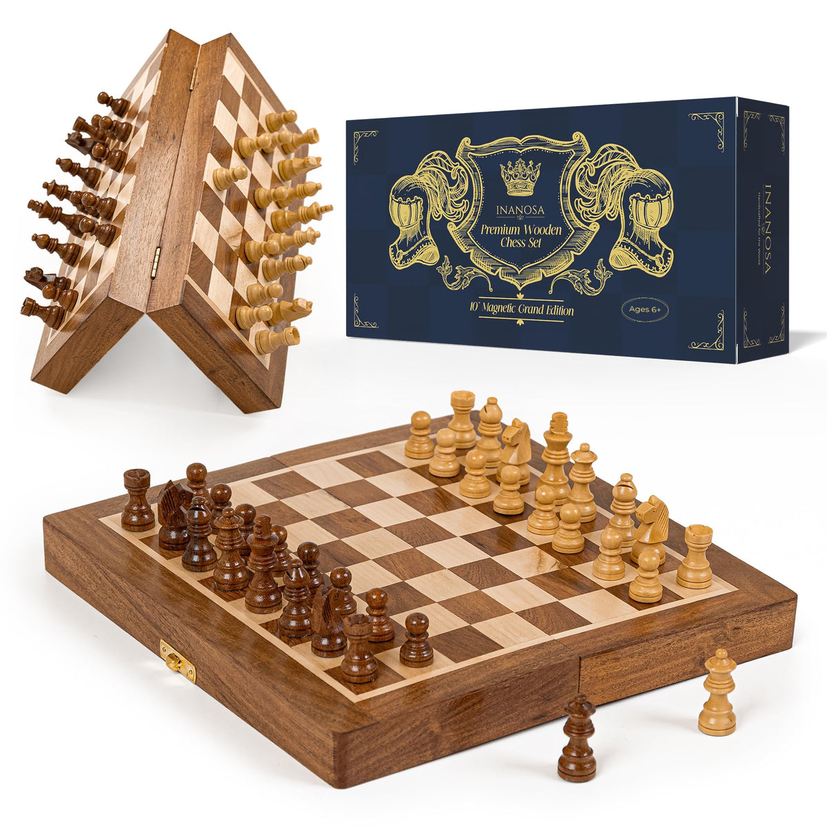 Magnetic Wooden Chess Set — 7 Inch Travel Folding Chess Board with Staunton Pieces & 2 Extra Queens — Handcrafted Acacia Wood — Travel Edition