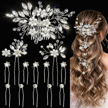 13PCS Bridal Hair Pins Comb Silver Pearl Rhinestone Wedding Women Hairpiece