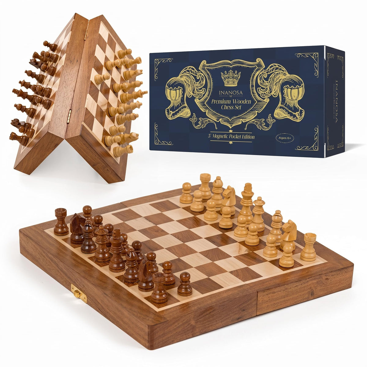Magnetic Wooden Chess Set — 7 Inch Travel Folding Chess Board with Staunton Pieces & 2 Extra Queens — Handcrafted Acacia Wood — Travel Edition