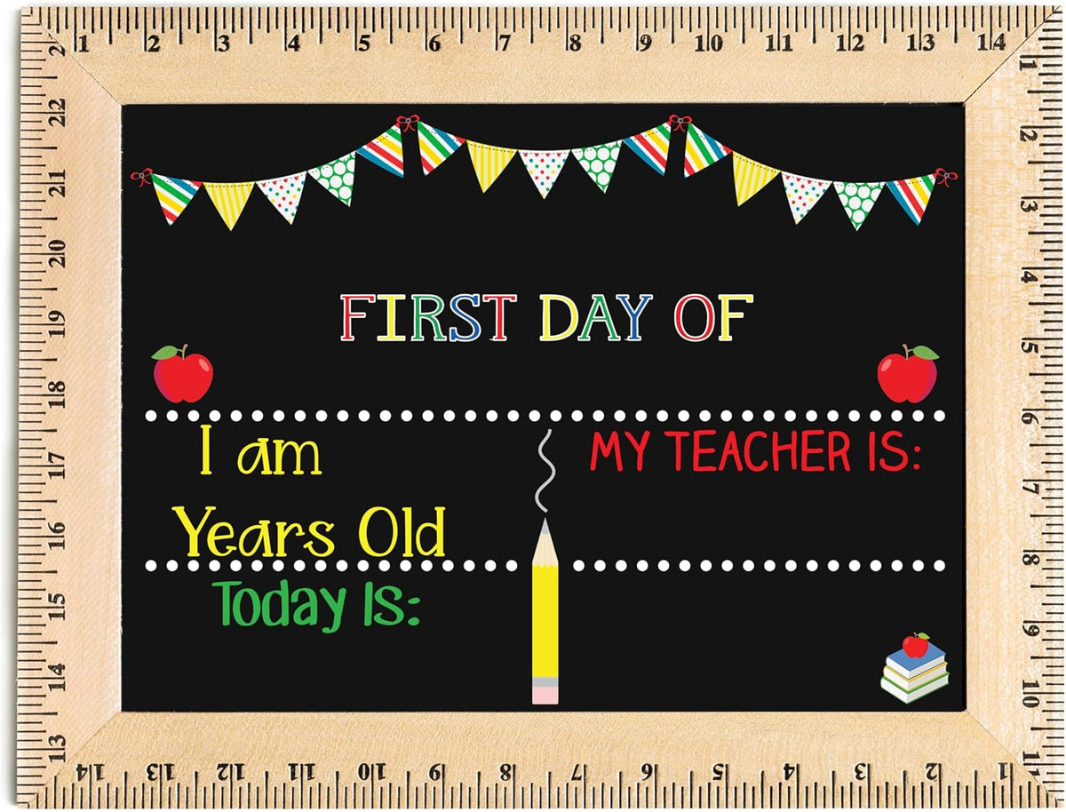 Bloom Owl First Day of School Chalkboard Sign - 11.5"x15" Reusable Back to School Photo Prop with Wooden Ruler Frame for Preschool, Kindergarten, and Beyond (Green Crayon)