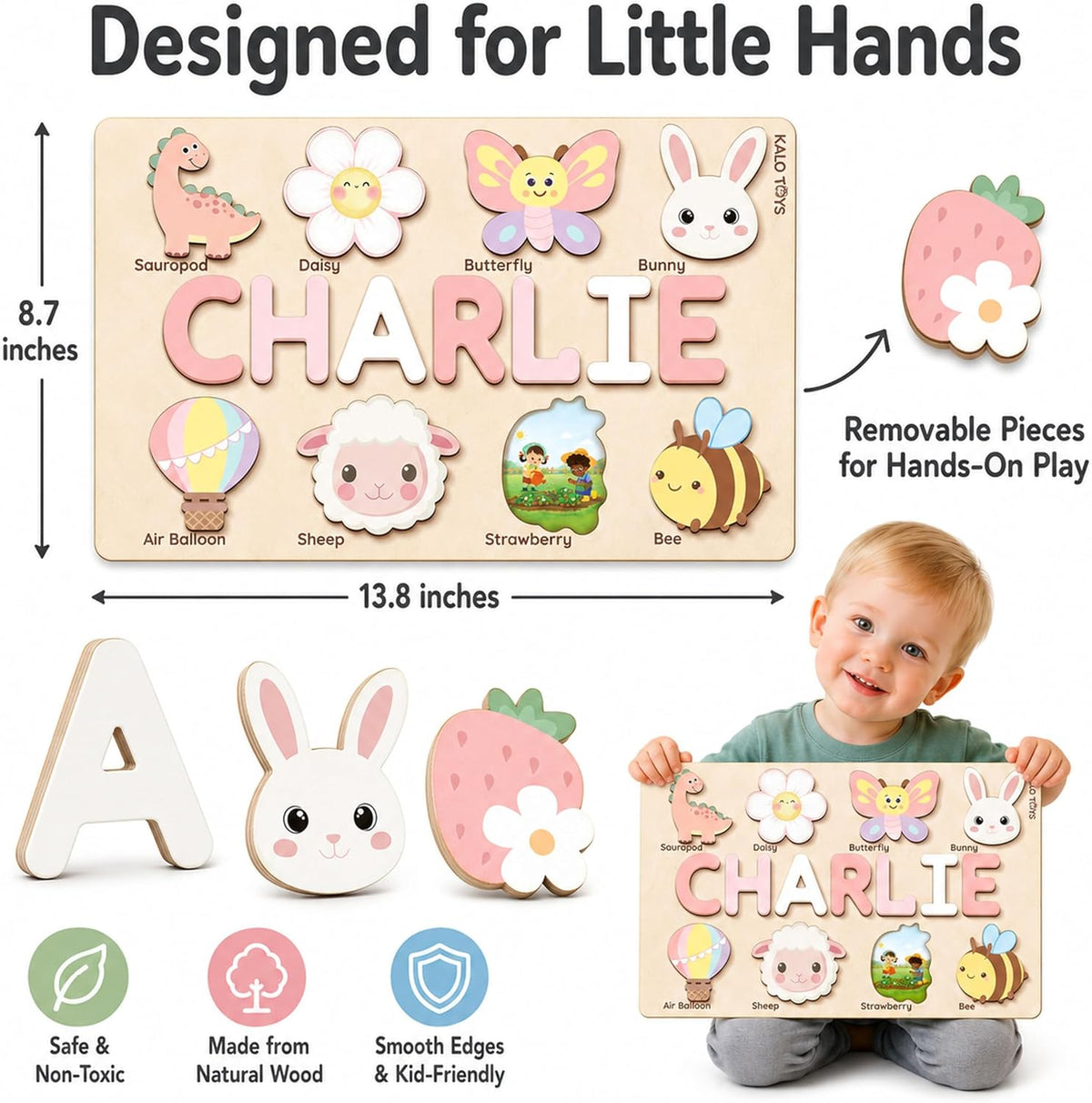 KALOTOYS Personalized Name Puzzle for Toddlers 1-3 | Custom Wooden Animal & Vehicle Puzzle for Boys & Girls | Handmade Montessori Toy, Keepsake & Perfect 1st Birthday Gift, CPC Certified