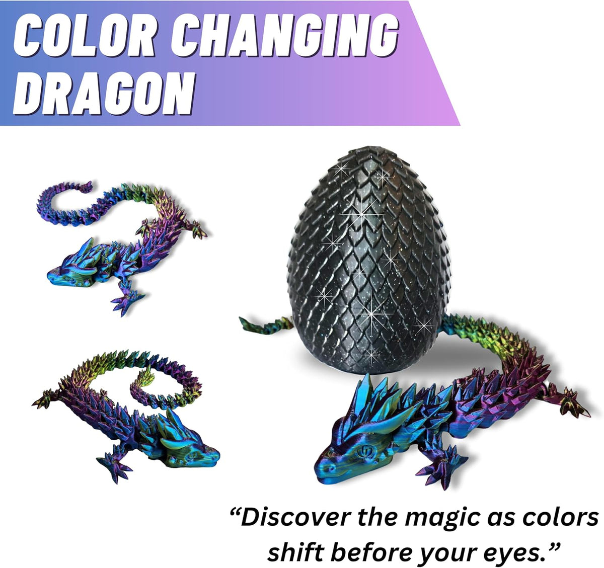20" Articulated 3D Printed Dragon with Surprise Egg – Flexible Fidget Toy for Kids & Teens, Dragon Egg, Mythical Figurine (Rainbow with Black Egg)