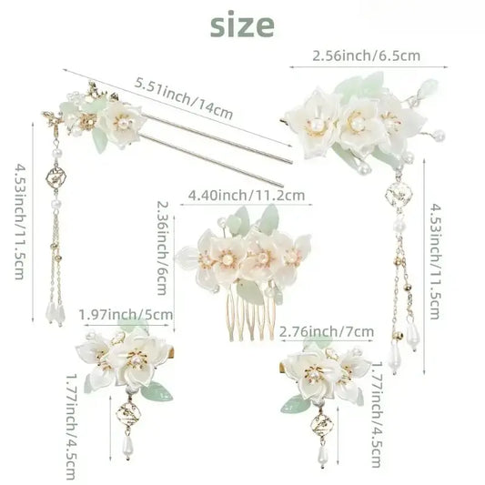Women's 5Pcs Camellia Flower Hanfu Hair Accessories Set - Alloy Metal Hairpins, Combs, Clips with Rhinestone, Pearl, Tassels, Vintage Chinese Hair Decor for Wedding, Photoshoot