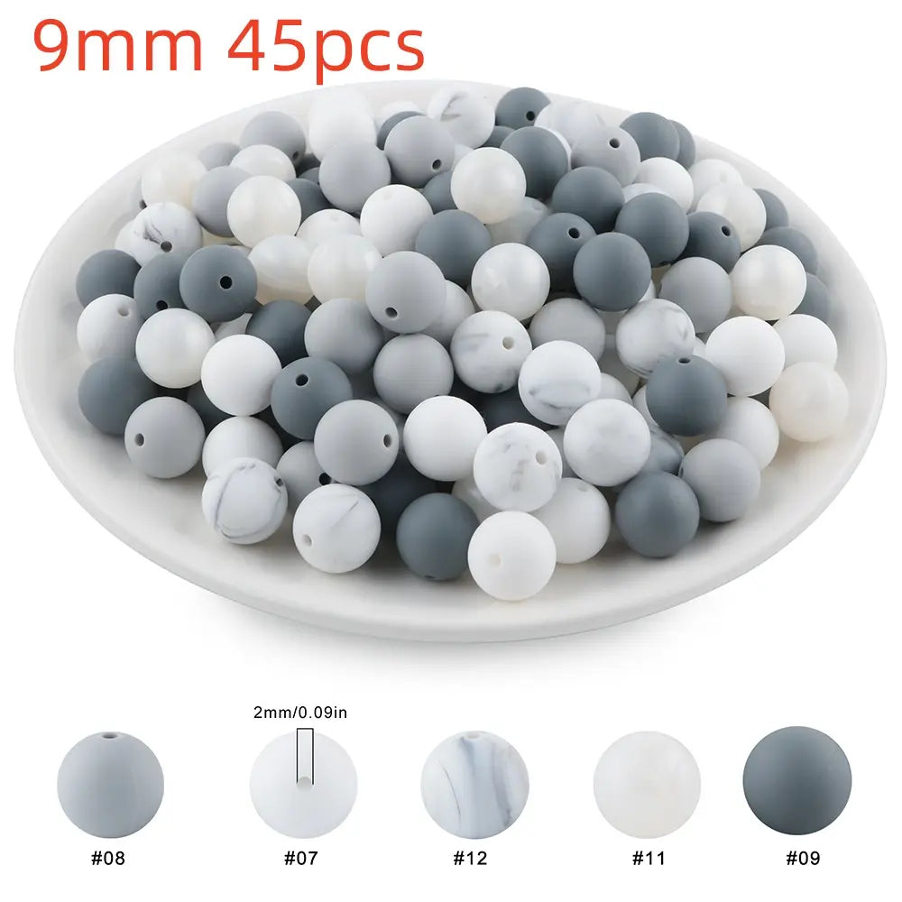 45pcs 9/12/15mm Solid Color Silicone Round Beads Combination DIY Beads Set Mixed in 5 colors Suitable for Making Beaded pens Bracelets and Phone Lanyards