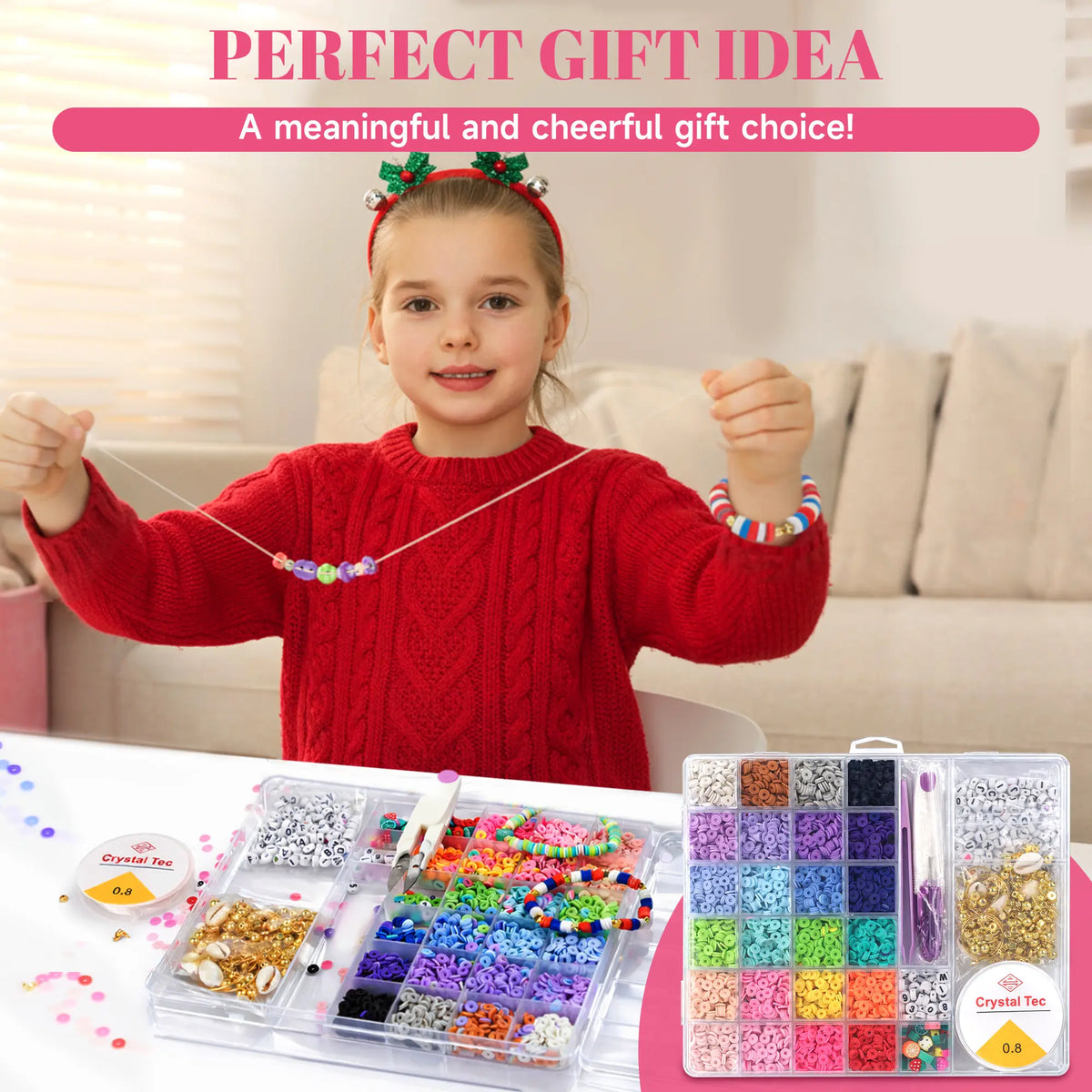 Bonison 6000pcs DIY Clay Beads Bracelet Making Kit – Preppy Color Polymer Clay Heishi Beads & Charms Set, Jewelry Making Craft Kit for Girls Age 6+, Birthday Gift Idea