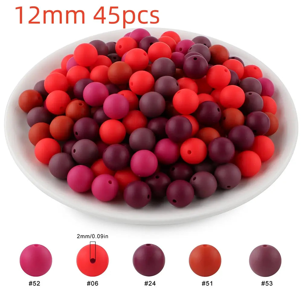45pcs 9/12/15mm Solid Color Silicone Round Beads Combination DIY Beads Set Mixed in 5 colors Suitable for Making Beaded pens Bracelets and Phone Lanyards