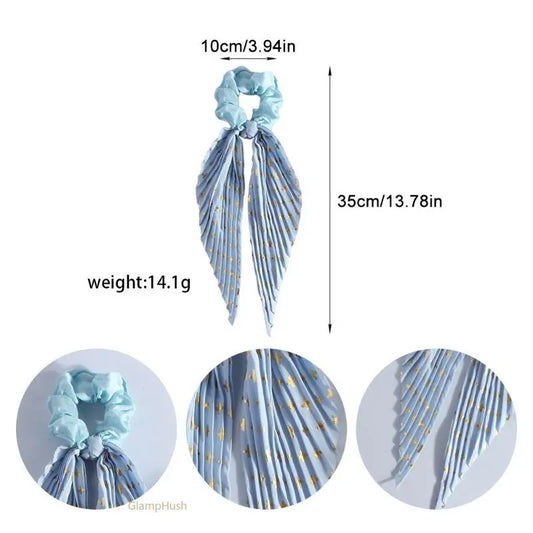 3PC Pleated Satin Scarf Scrunchie, Gold Foil Cross Print Bow Ribbon Hair Tie, Long Streamer Ponytail Hair Scrunchies for Women Girls
