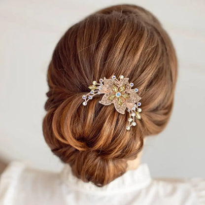 6 Pack Luxury Glitter Sparkly Jeweled Gems Rhinestones Decorative Gold Metal Hair Side Combs Slides with Teeth Hair Bun Clips Updo Accessories Crystal Flower Hair Pin Barrettes for Women Girls