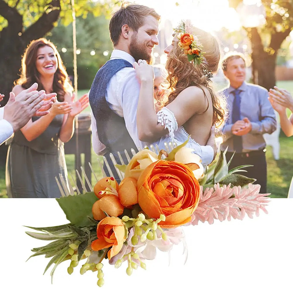 Wedding Flower Hair Comb Boho Wedding Orange Bridal Headpieces Hairpins Bride Hair Combs Floral Slide Hairing Clips Accessories for Women and Girls Long Hair