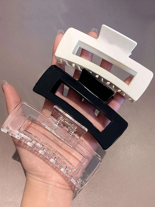 3pcs Women's Square Black White Transparent Hair Claw Clips, Versatile For Daily Wear And Bathing