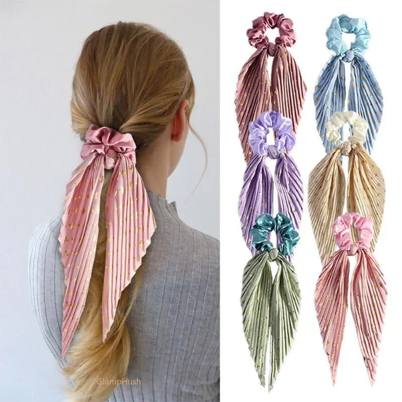3PC Pleated Satin Scarf Scrunchie, Gold Foil Cross Print Bow Ribbon Hair Tie, Long Streamer Ponytail Hair Scrunchies for Women Girls