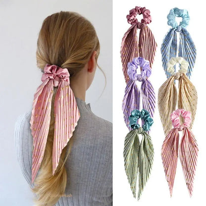 3PC Pleated Satin Scarf Scrunchie, Gold Foil Cross Print Bow Ribbon Hair Tie, Long Streamer Ponytail Hair Scrunchies for Women Girls