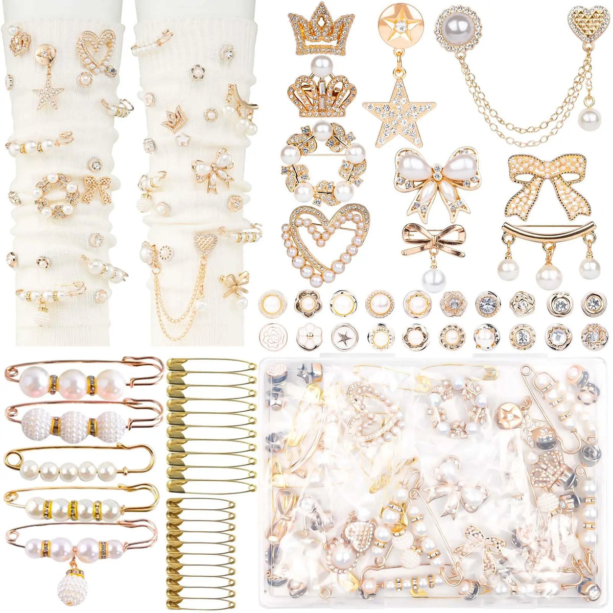 Women's Gold Pearl & Rhinestone Sock Charms DIY Kit - 60 Pcs Embellishments, 20 Safety Pins for Jewelry Making, Reusable Decorative Pins for Clothes/Bags, Gift-Ready Kit to Mix Charms to Match Your Mood,sohochic