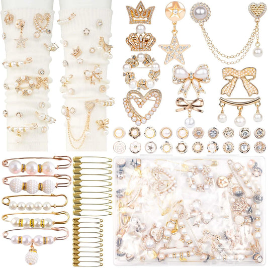 Women's Gold Pearl & Rhinestone Sock Charms DIY Kit - 60 Pcs Embellishments, 20 Safety Pins for Jewelry Making, Reusable Decorative Pins for Clothes/Bags, Gift-Ready Kit to Mix Charms to Match Your Mood,sohochic