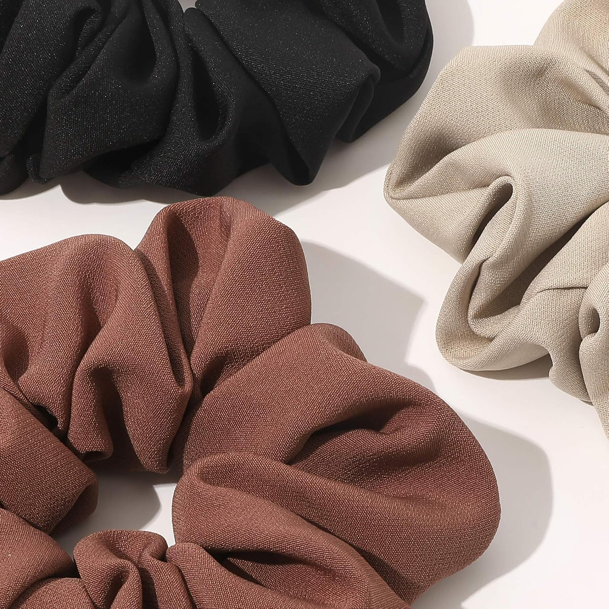 Ivyu Scrunchies Hair Ties, Big Large Scrunchie for Girls Women, Cute Hairties Jumbo Scrunchy For Thick Curl Hair No Crease Hair Accessories Soft Ropes Ponytail Holder, 4 Count, Black, Brown, Beige