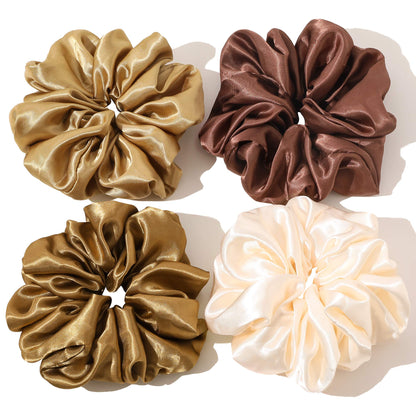 Ivyu Scrunchies Hair Ties, Big Large Scrunchie for Girls Women, Cute Hairties Jumbo Scrunchy For Thick Curl Hair No Crease Hair Accessories Soft Ropes Ponytail Holder, 4 Count, Black, Brown, Beige