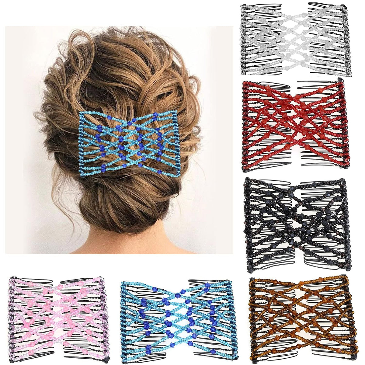 6 Pieces Magic Hair Comb Elastic Beaded Hair Clips Women Stretchy Bride Double Slides Hairpins Combs for Women Ladies Girls DIY Hair Styling Accessories