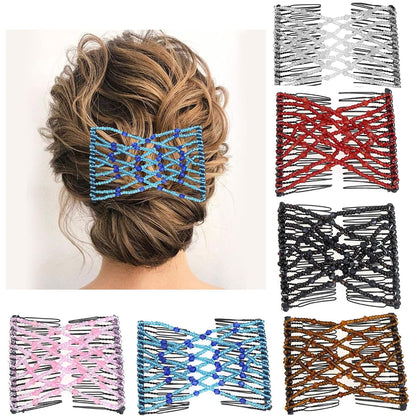 6 Pieces Magic Hair Comb Elastic Beaded Hair Clips Women Stretchy Bride Double Slides Hairpins Combs for Women Ladies Girls DIY Hair Styling Accessories