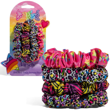Lisa Frank x Kitsch Ruched Satin Scrunchies for Women- Rainbow Leopard 4pcs