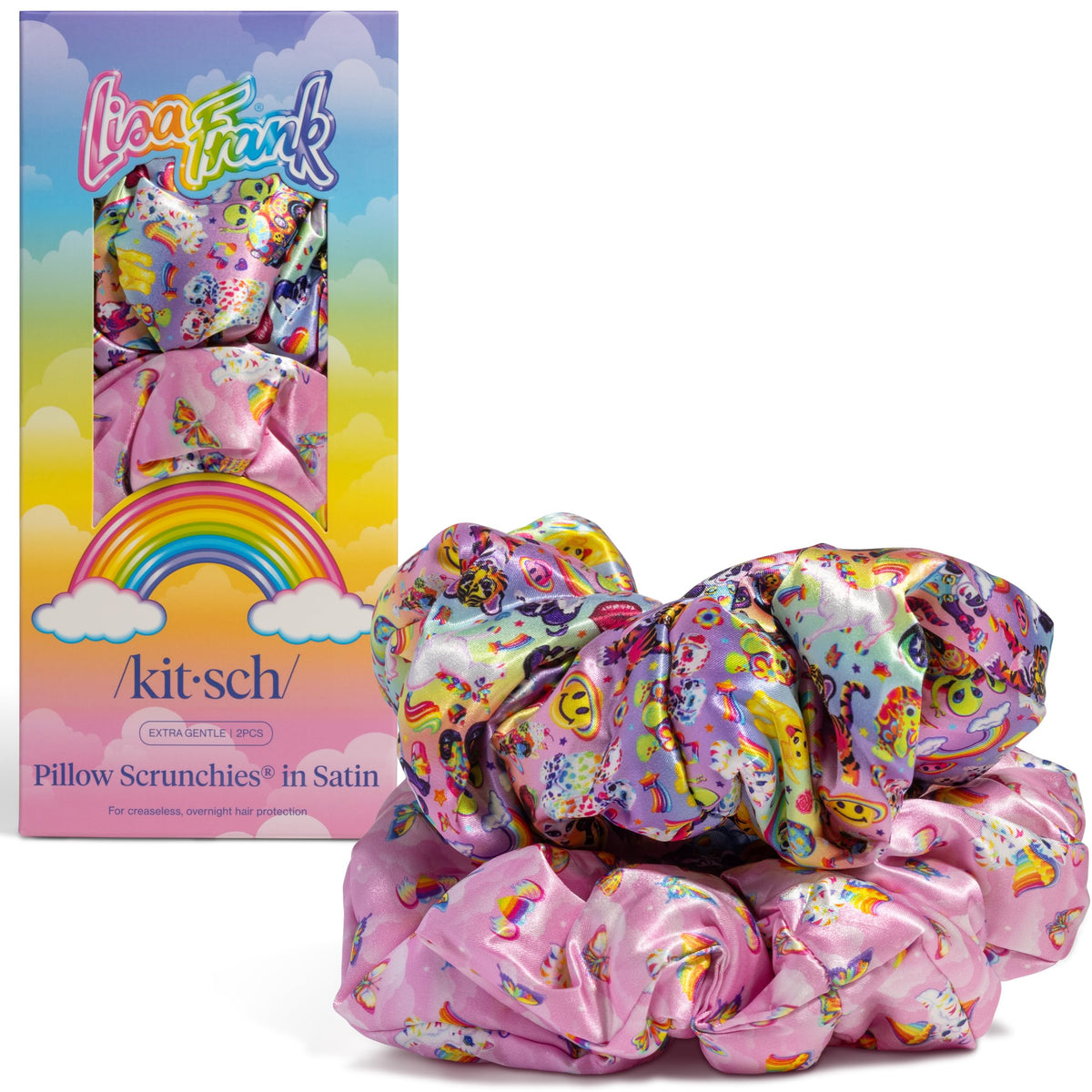 Lisa Frank x Kitsch Ruched Satin Scrunchies for Women- Rainbow Leopard 4pcs